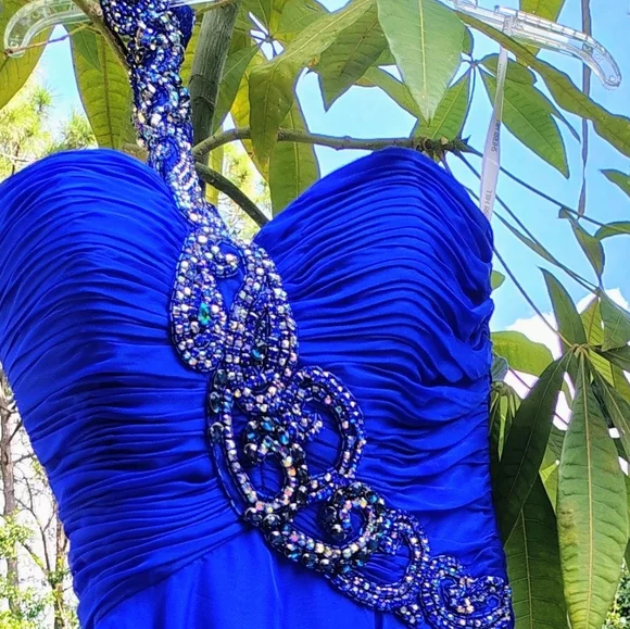 SHERRI HILL GORGEOUS ROYAL BLUE JEWELED ONE SHOULDER COCKTAIL FLARED DRESS Sz 12 - Picture 3 of 6